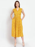 Myshka Women's Mustard Printed Rayon Sleeveless Collar Neck Casual Dress | Grab2Buy