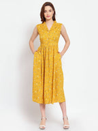 Myshka Women's Mustard Printed Rayon Sleeveless Collar Neck Casual Dress | Grab2Buy
