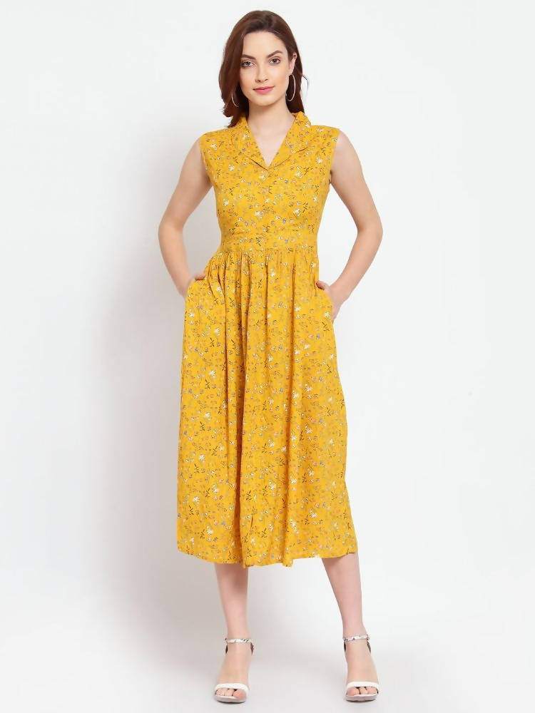 Myshka Women's Mustard Printed Rayon Sleeveless Collar Neck Casual Dress | Grab2Buy