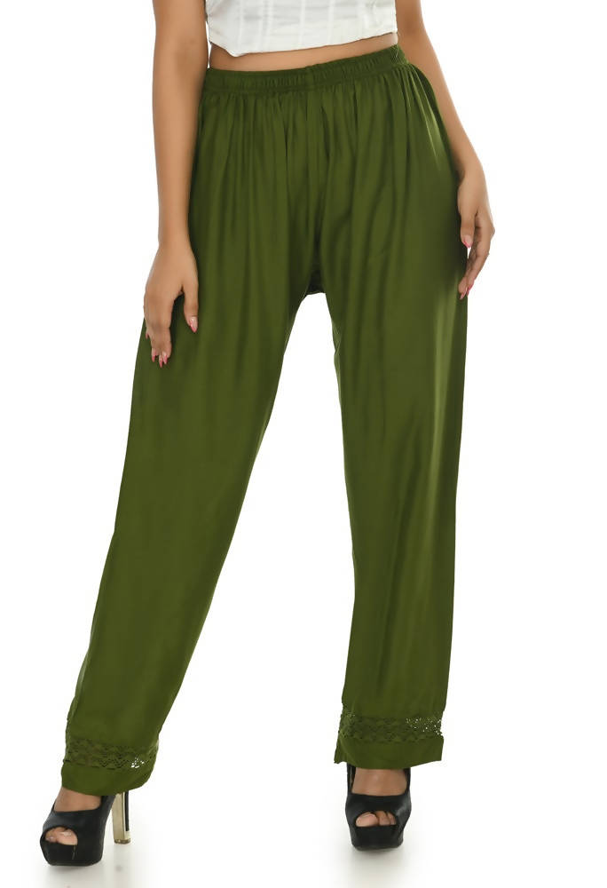 Mominos Fashion Moeza Reyon Cotton Mehndi Green Color Straight Palazzo | Grab2Buy