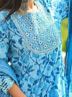 Yufta Women Blue Floral print Pure Cotton Anarkali Kurta with Trouser and Dupatta | Grab2Buy