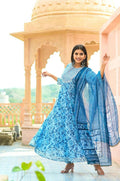 Yufta Women Blue Floral print Pure Cotton Anarkali Kurta with Trouser and Dupatta | Grab2Buy