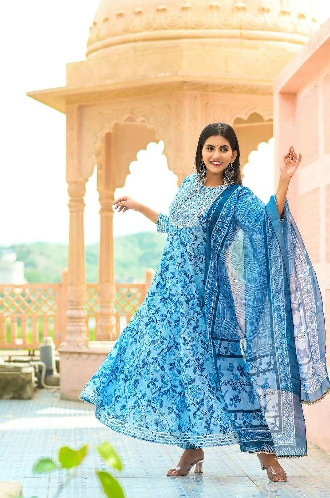 Yufta Women Blue Floral print Pure Cotton Anarkali Kurta with Trouser and Dupatta | Grab2Buy