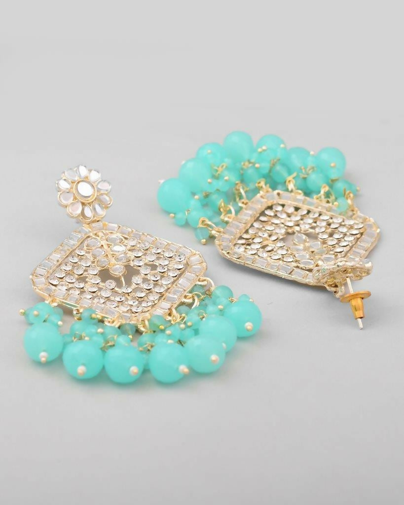 VOJ Gold-Polished Kundan And Teal Stone Studded Drop Earrings | Grab2Buy