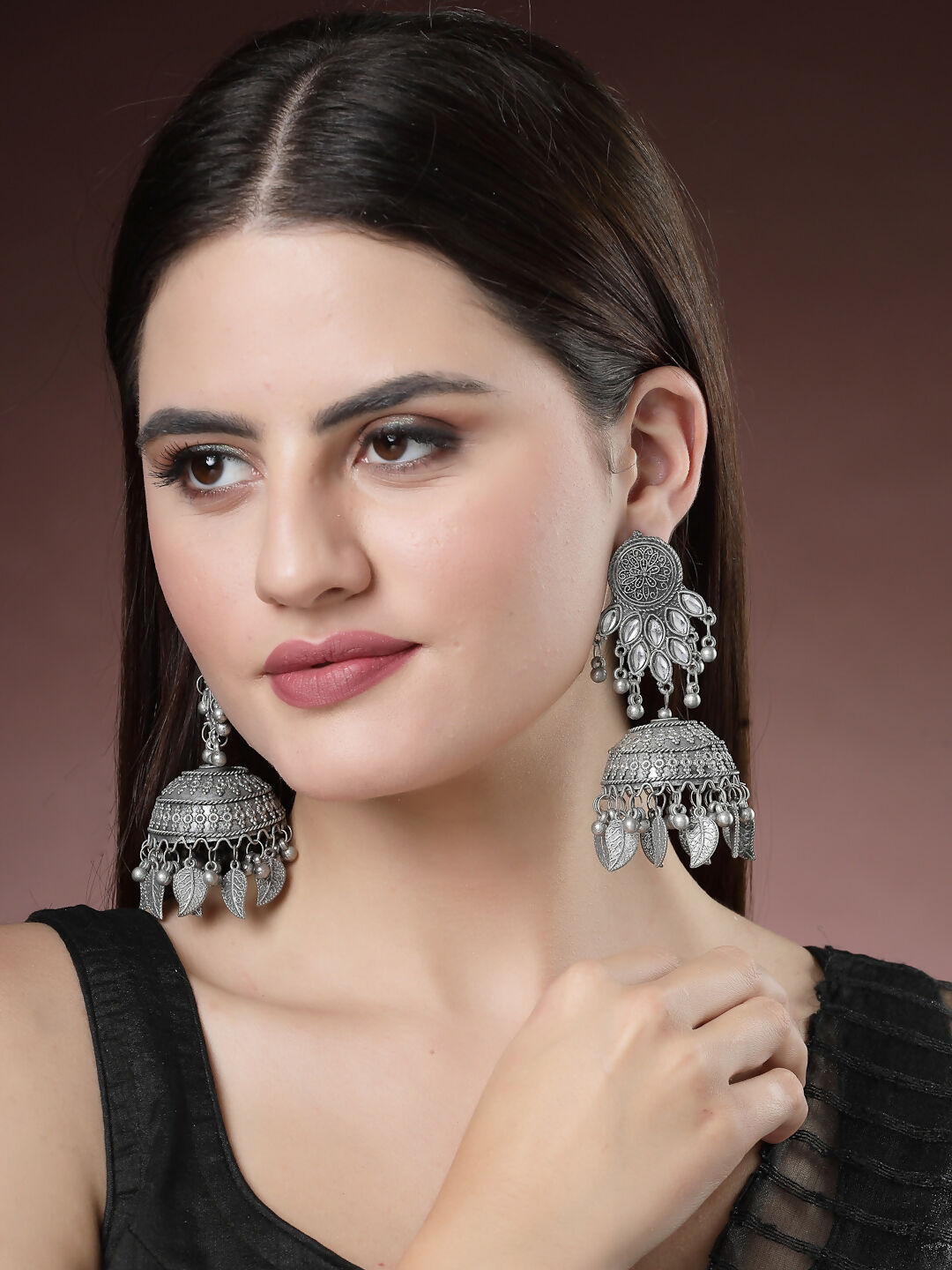 NVR Women's Silver-Plated Oxidised Artificial Stones Dome Shaped Jhumka Earrings | Grab2Buy