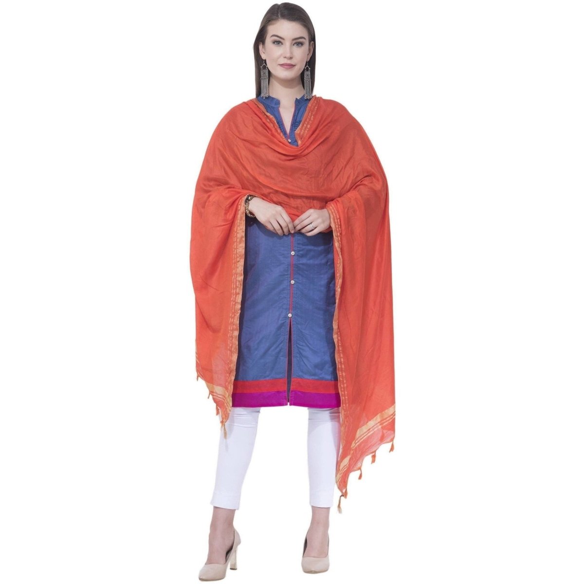 A R Silk Orange Color Golden Border Cotton Dupattas and Chunnis | Grab2Buy