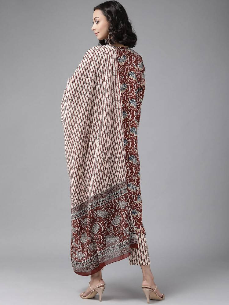 Yufta Women Maroon Pure Cotton Ethnic Motifs Printed Kurta with Palazzo & Dupatta | Grab2Buy