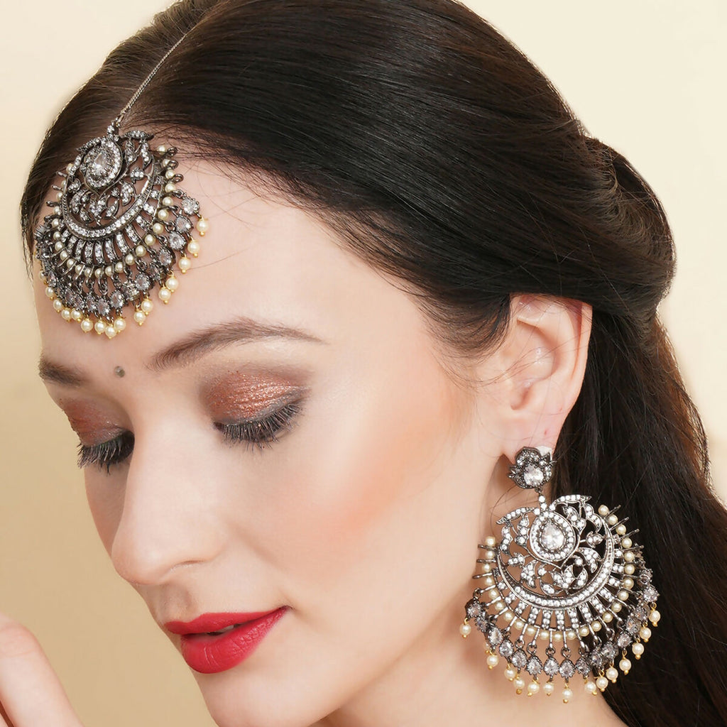 Diamond Earrings with Matching Maang Tikka- Ruby Raang | Grab2Buy