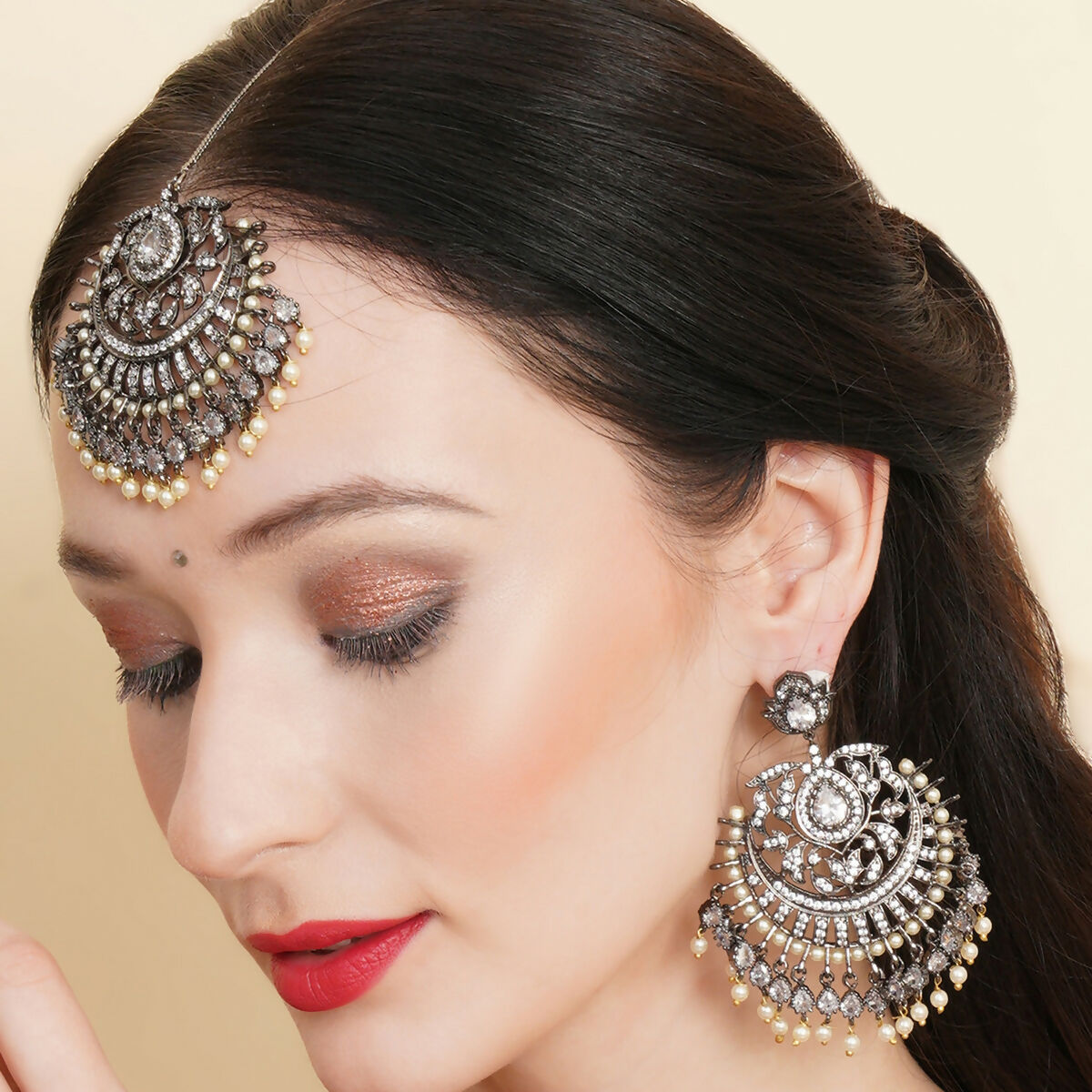 Diamond Earrings with Matching Maang Tikka- Ruby Raang | Grab2Buy
