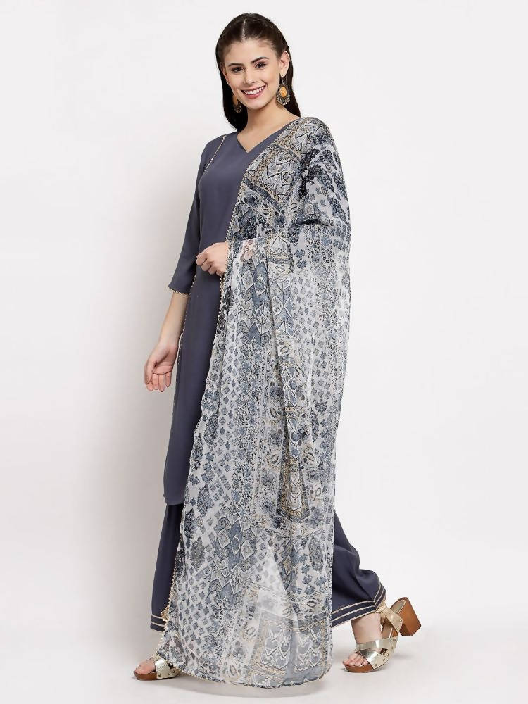 Myshka Women's Grey Cotton Solid 3/4 Sleeve V Neck Casual Kurta Palazzo Dupatta Set | Grab2Buy