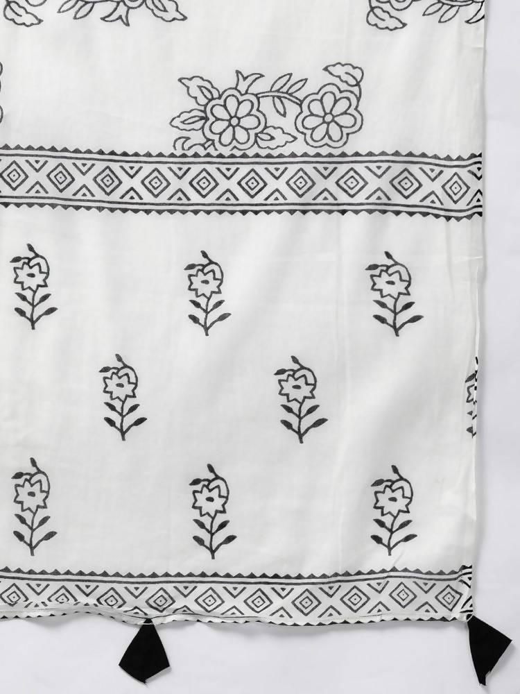 Yufta Women Black & White Ethnic Print Sequined Pure Cotton Kurta with Trouser and Dupatta | Grab2Buy