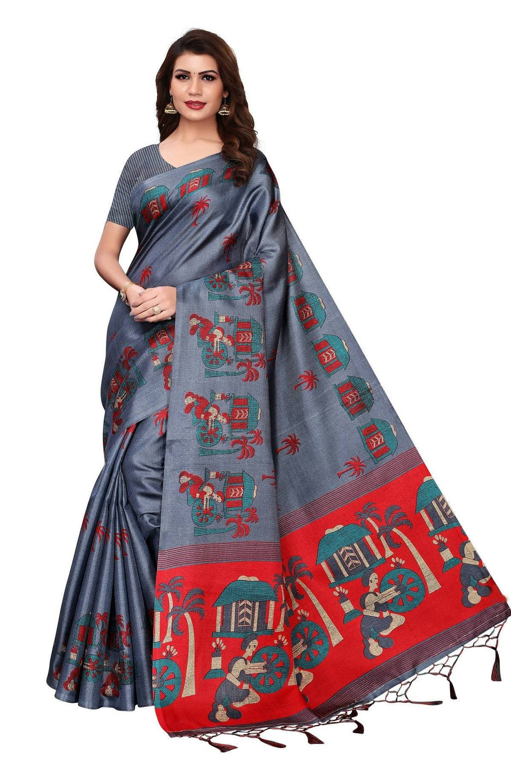 Vamika Grey Kalamkari With Jhalar Khadi Silk Saree | Grab2Buy