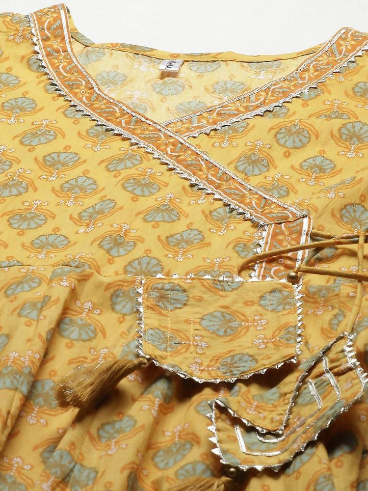 Yufta Women Yellow Floral Print Angrakha Pure Cotton Kurta and Trouser With Dupatta | Grab2Buy