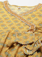 Yufta Women Yellow Floral Print Angrakha Pure Cotton Kurta and Trouser With Dupatta | Grab2Buy