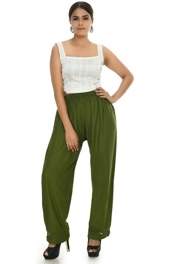 Mominos Fashion Moeza Reyon Cotton Mehndi Green Color Straight Palazzo | Grab2Buy