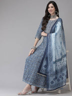 Yufta Women Blue Floral Yoke Design Angrakha Pure Cotton Kurta with Trouser With Dupatta | Grab2Buy