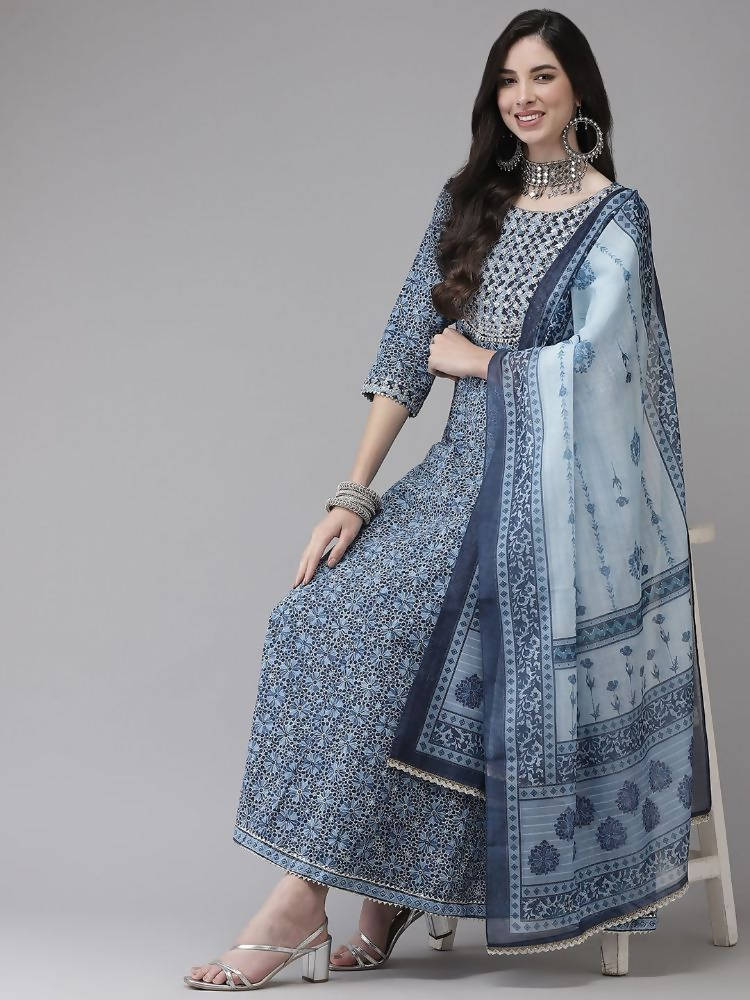 Yufta Women Blue Floral Yoke Design Angrakha Pure Cotton Kurta with Trouser With Dupatta | Grab2Buy