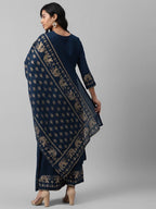 Yufta Women Navy Blue And Golden Pure Cotton Solid Kurta with Palazzo and Dupatta | Grab2Buy