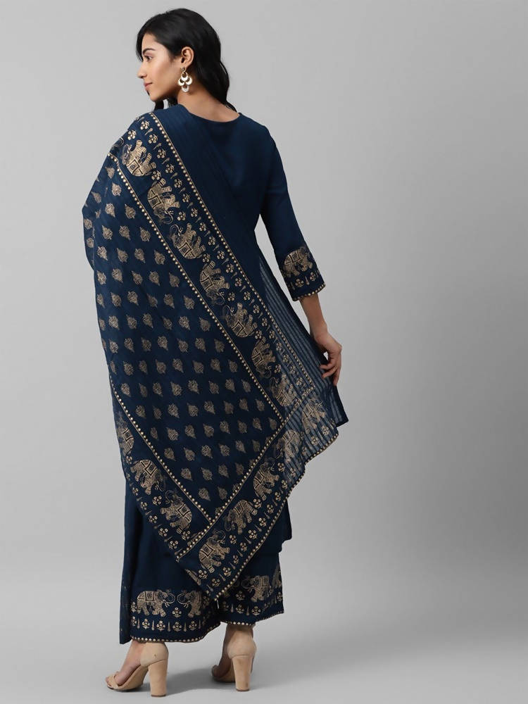 Yufta Women Navy Blue And Golden Pure Cotton Solid Kurta with Palazzo and Dupatta | Grab2Buy
