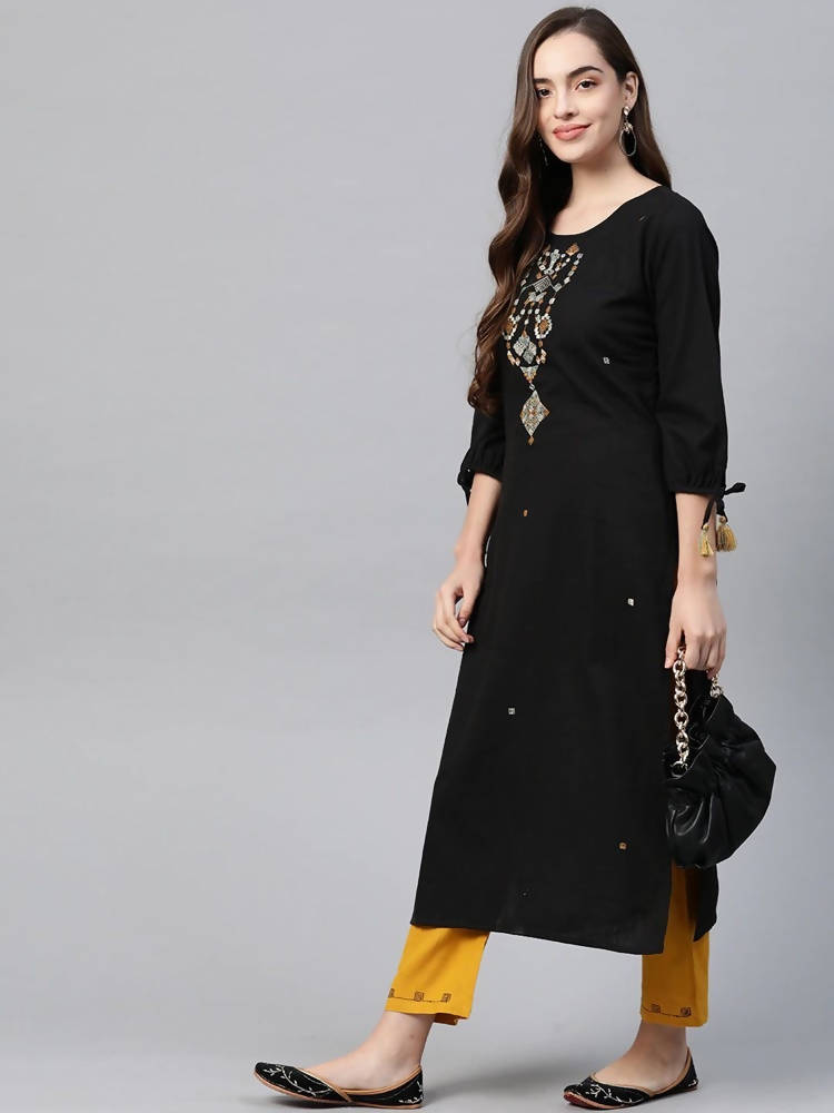 Yufta Women Black Ethnic Motifs Embroidered Pure Cotton Kurta with Trouser | Grab2Buy