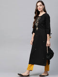 Yufta Women Black Ethnic Motifs Embroidered Pure Cotton Kurta with Trouser | Grab2Buy