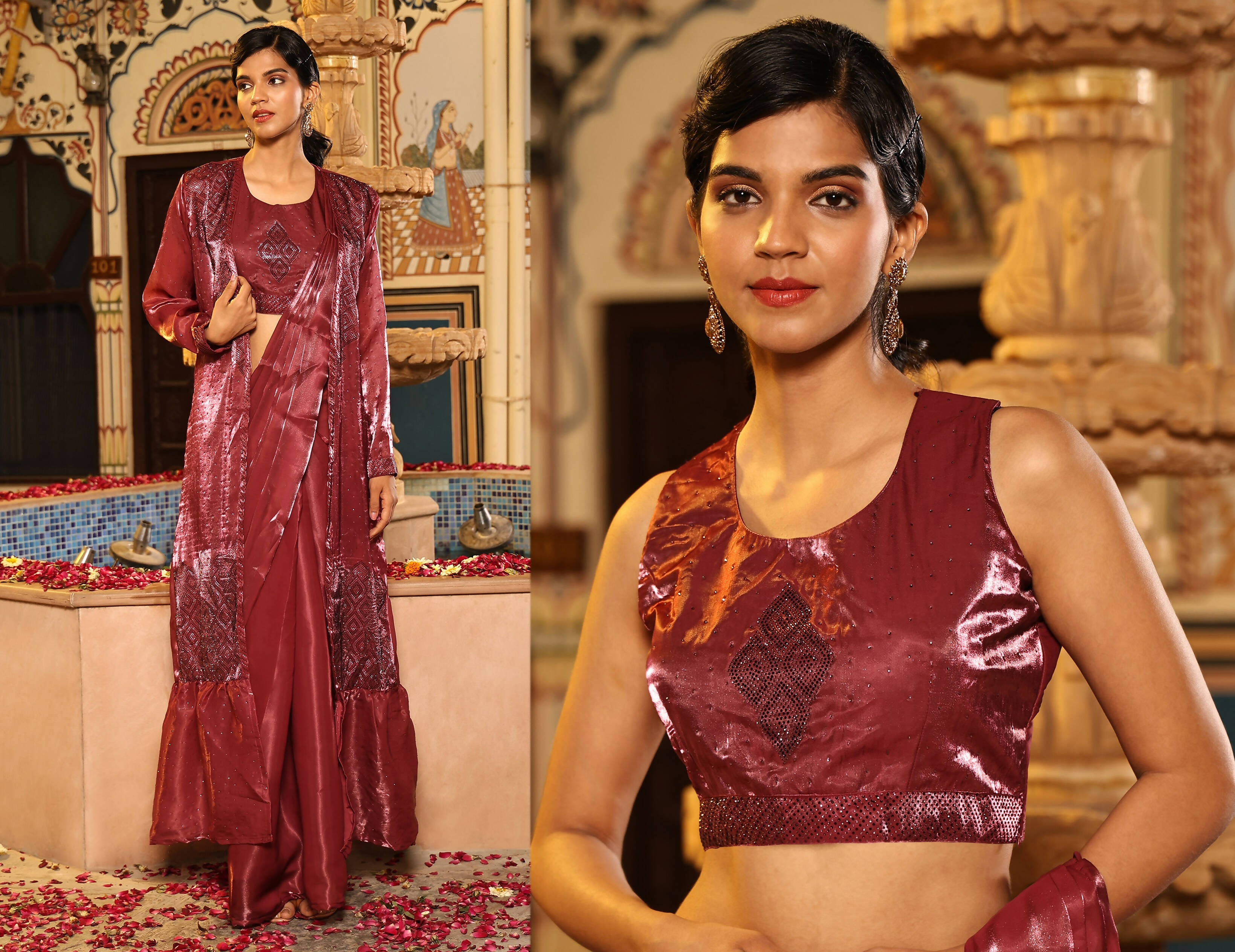 Maroon Tom Silk Plain Ready To Wear Saree With Stitched Blouse - Satiksha | Grab2Buy