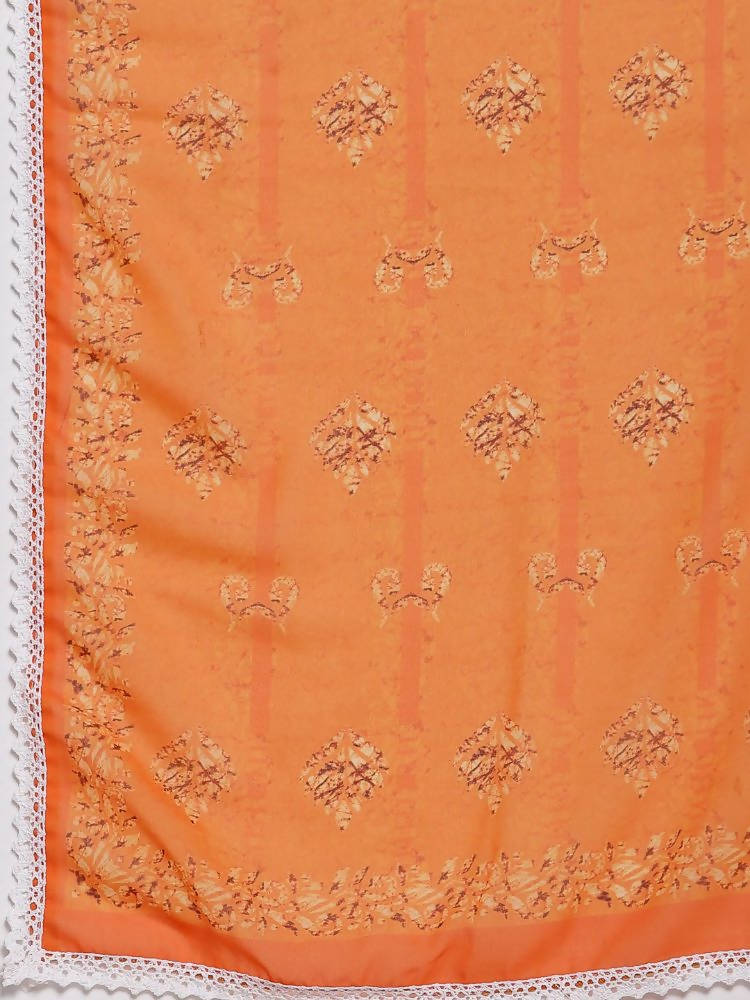 Myshka Women's Orange Cotton Printed 3/4 Sleeve Round Neck Casual Kurta Pant Dupatta Set | Grab2Buy