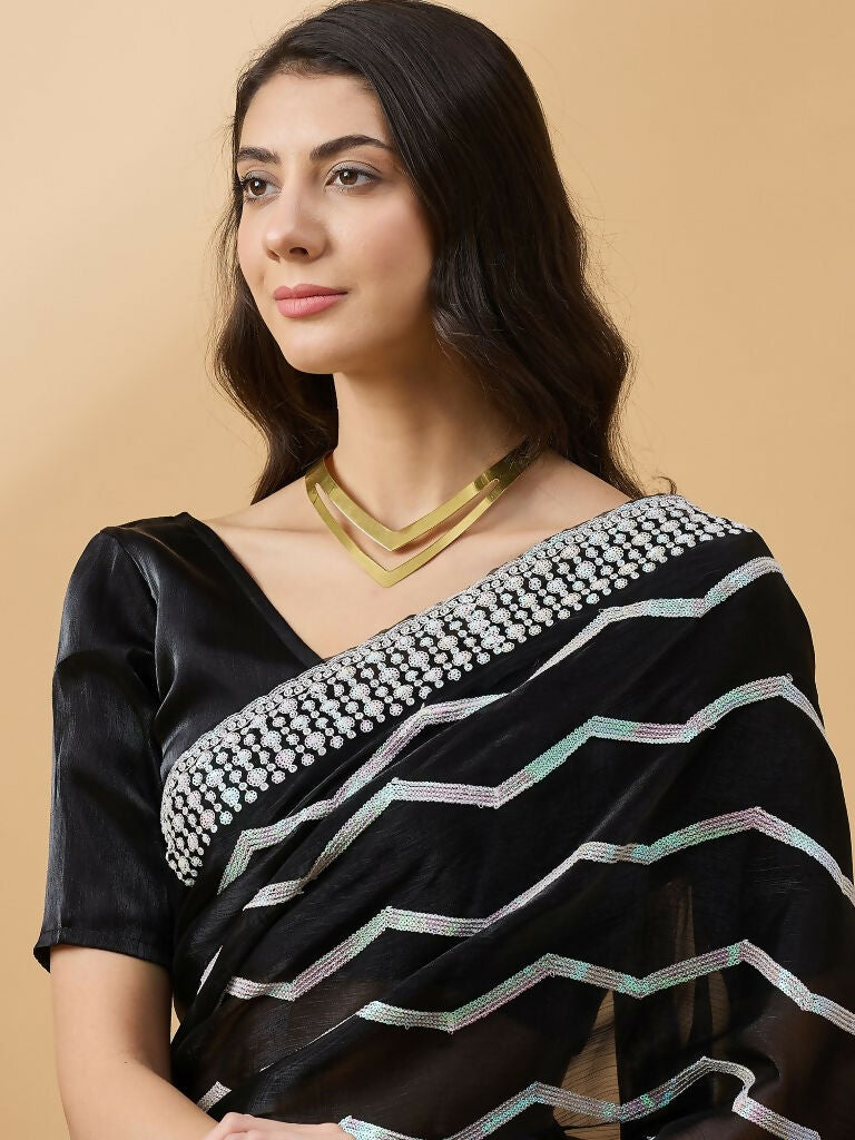 Black Tissue Slub Embroidered Saree with Unstitched Blouse - Vairagi | Grab2Buy