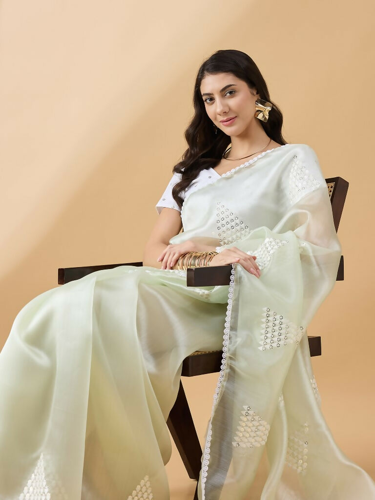 Green Tissue Slub Embroidered Saree with Unstitched Blouse - Vairagi | Grab2Buy