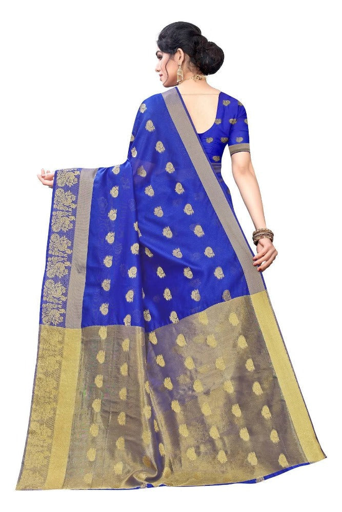 Vamika Banarasi Jacquard Weaving Blue With Gold Print Saree | Grab2Buy