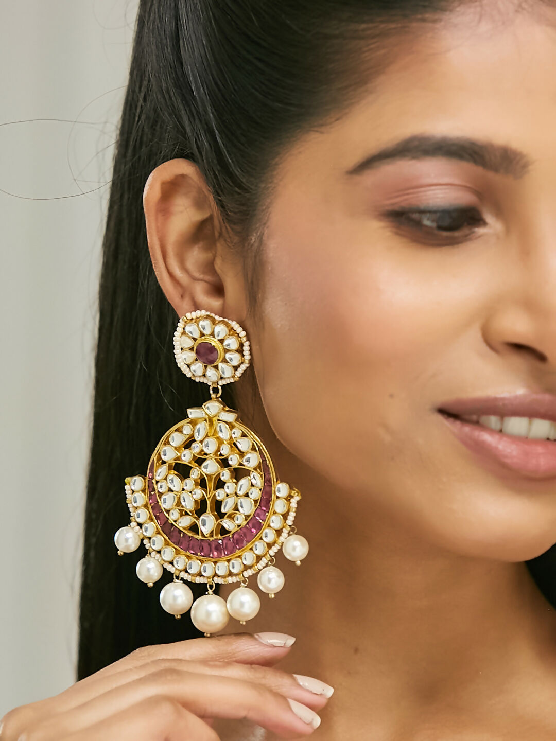Nuyug 22K Gold-Plated Elegant Ruby & Kundan Stone Studded With Pearl Beaded Floral Chandbalis | Grab2Buy