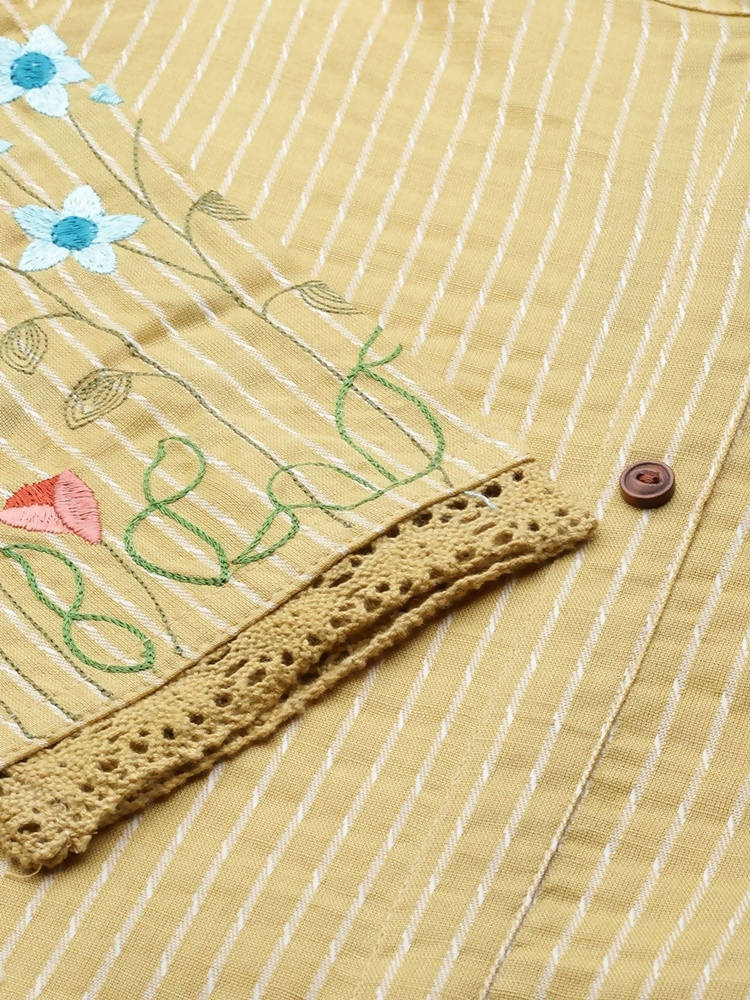 Yufta Women Beige & Off White Striped Thread Work A-Line Kurta With Belt | Grab2Buy
