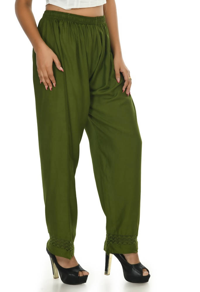 Mominos Fashion Moeza Reyon Cotton Mehndi Green Color Straight Palazzo | Grab2Buy