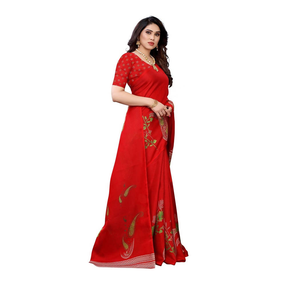 Vamika Printed Jute Silk Red Saree (Leo Red) | Grab2Buy