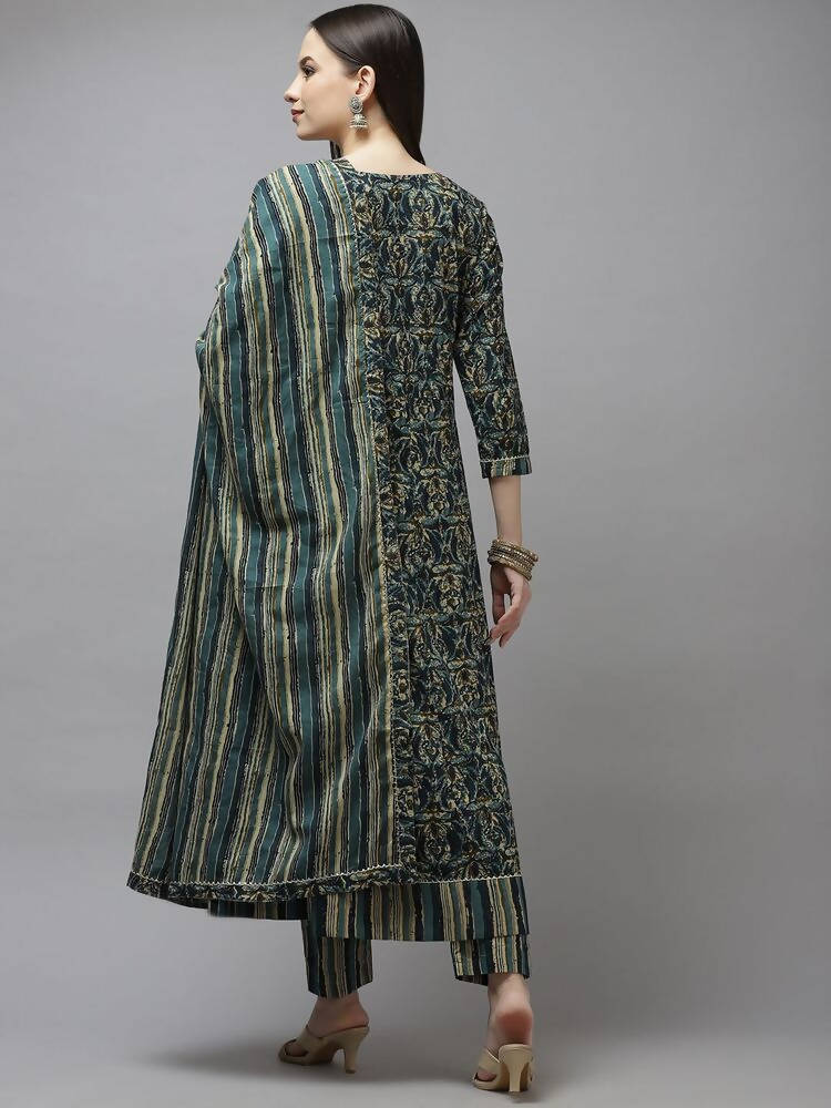Yufta Women Green Printed Gotta Patti Pure Cotton Kurta with Trouser and Dupatta | Grab2Buy