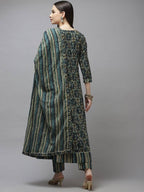 Yufta Women Green Printed Gotta Patti Pure Cotton Kurta with Trouser and Dupatta | Grab2Buy