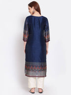 Myshka Women's Navy Blue Printed Chanderi Silk 3/4 Sleeve Round Neck Casual Kurta | Grab2Buy