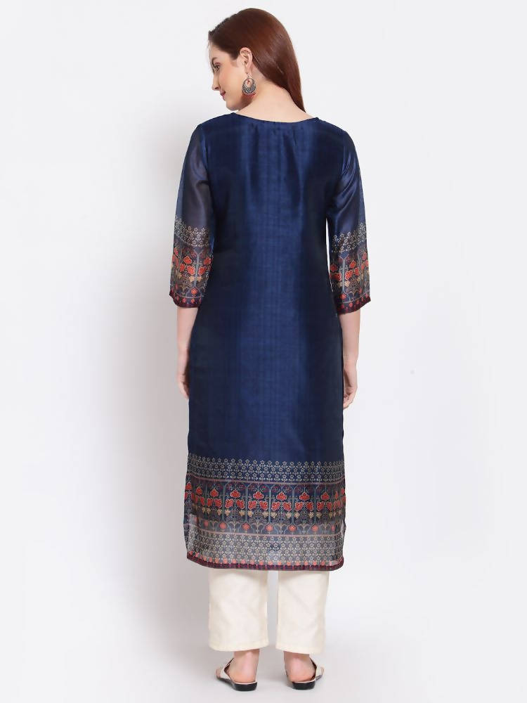Myshka Women's Navy Blue Printed Chanderi Silk 3/4 Sleeve Round Neck Casual Kurta | Grab2Buy