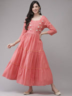 Yufta Coral Pink Embellished Embroidered Ethnic Dress | Grab2Buy