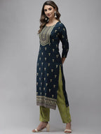 Yufta Women Blue and Green Embroidered Kurta with Trouser and Dupatta Set | Grab2Buy