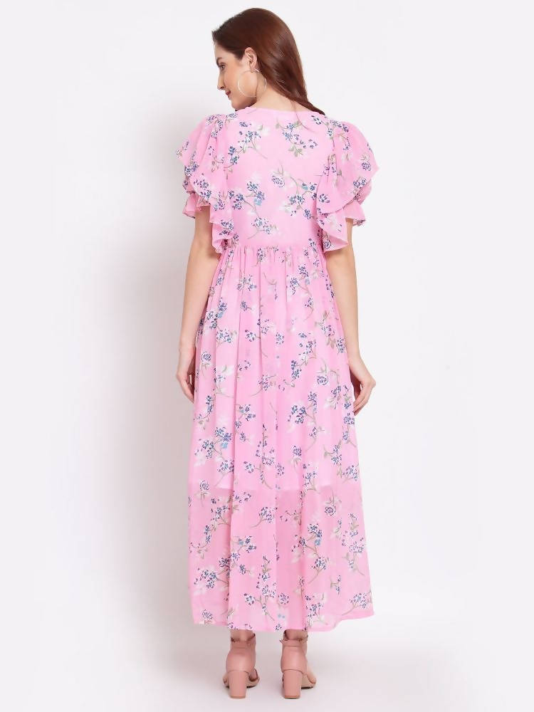 Myshka Women's Pink Printed Georgette Half Sleeve Round Neck Casual Dress | Grab2Buy