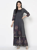 Aniyah Rayon Dark Grey Color Block Print Straight Kurta Palazzo Set (AN-202K) | Grab2Buy