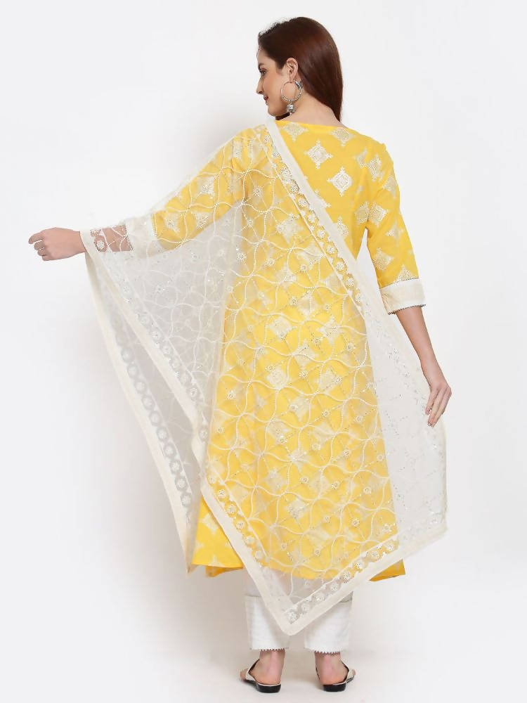 Myshka Women's Yellow Printed Cotton 3/4 Sleeve Round Neck Casual Kurta Pant Dupatta Set | Grab2Buy