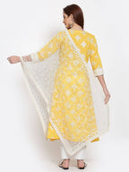 Myshka Women's Yellow Printed Cotton 3/4 Sleeve Round Neck Casual Kurta Pant Dupatta Set | Grab2Buy