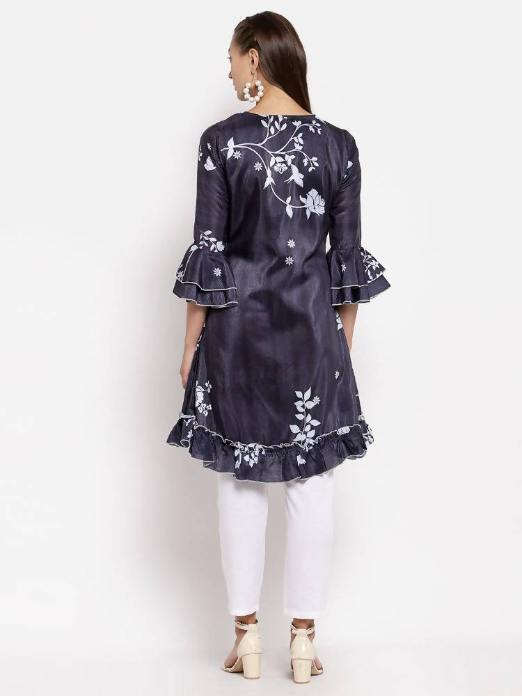 Myshka Women's Black Crep Printed Full Sleeve V Neck Casual Tunic | Grab2Buy
