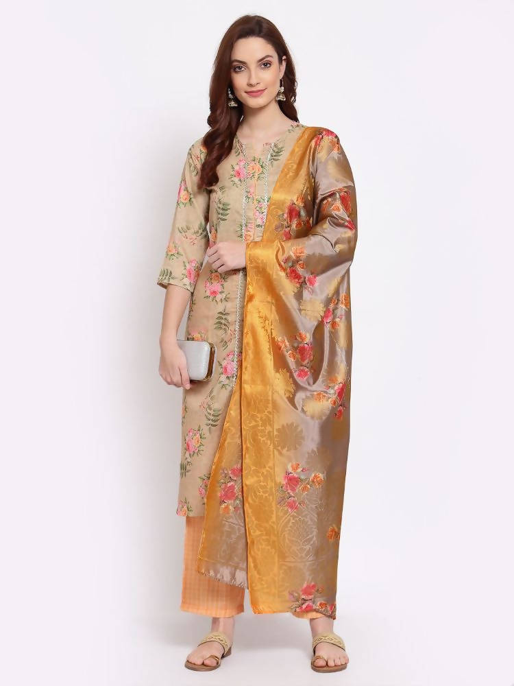 Myshka Women's Multi Solid Cotton Blend 3/4 Sleeve Round Neck Casual Kurta Pant Dupatta Set | Grab2Buy