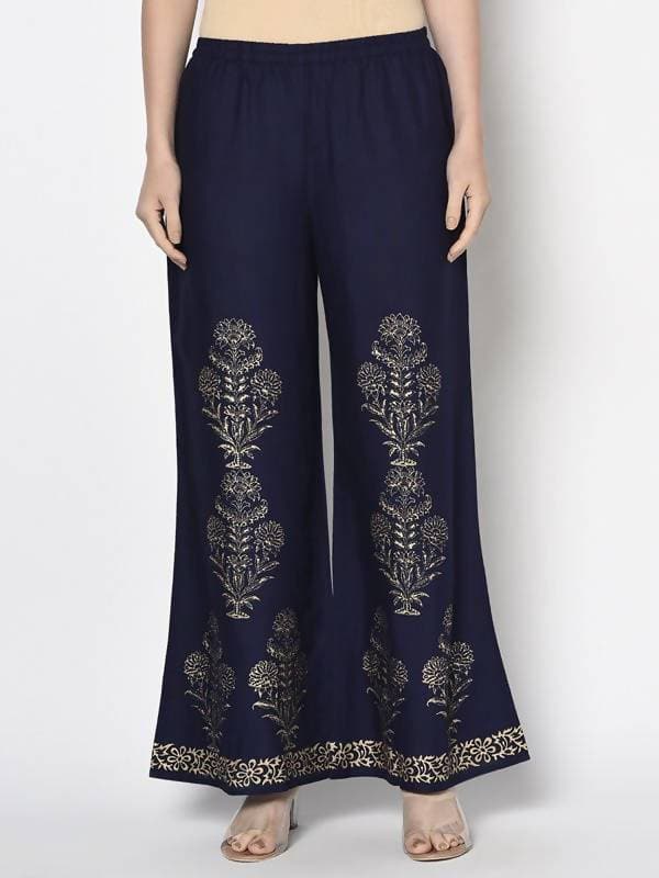 Aniyah Rayon Navy Blue Color Gold Print Flared Slip-On Palazzo (AN-193K) | Grab2Buy