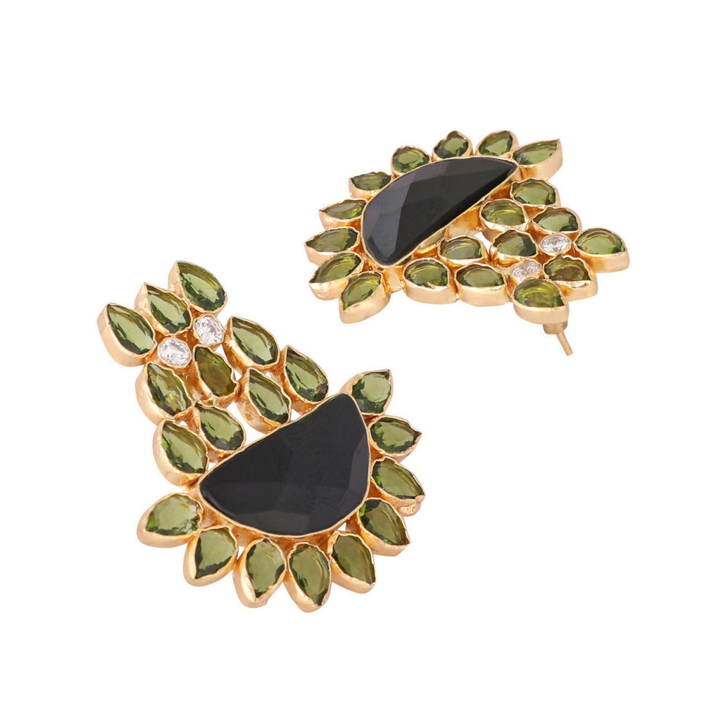 Nuyug 22K Gold Plated Dark Crystal Studded Contemporary Floral Shaped Stud Earrings | Grab2Buy
