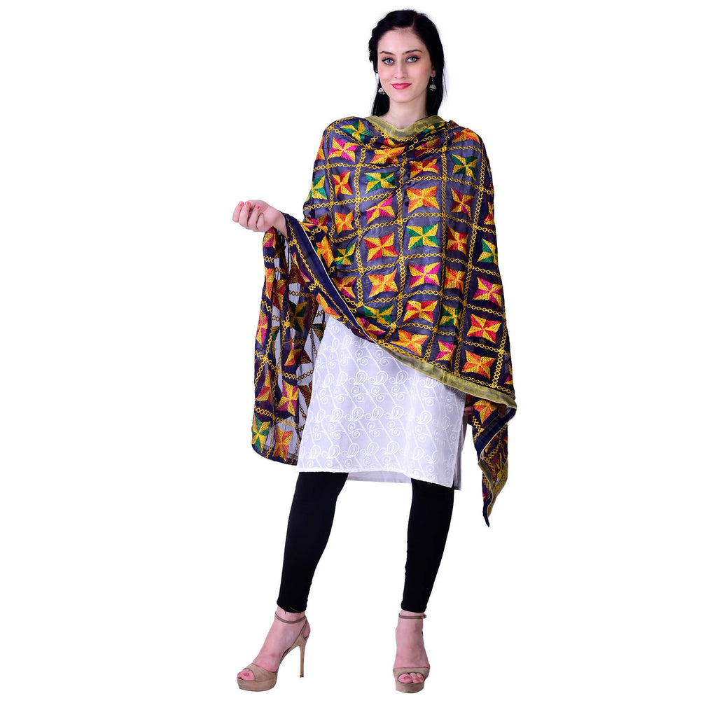 SWI Stylish Women's Embroidered Phulkari Chiffon Navy Blue Dupatta | Grab2Buy