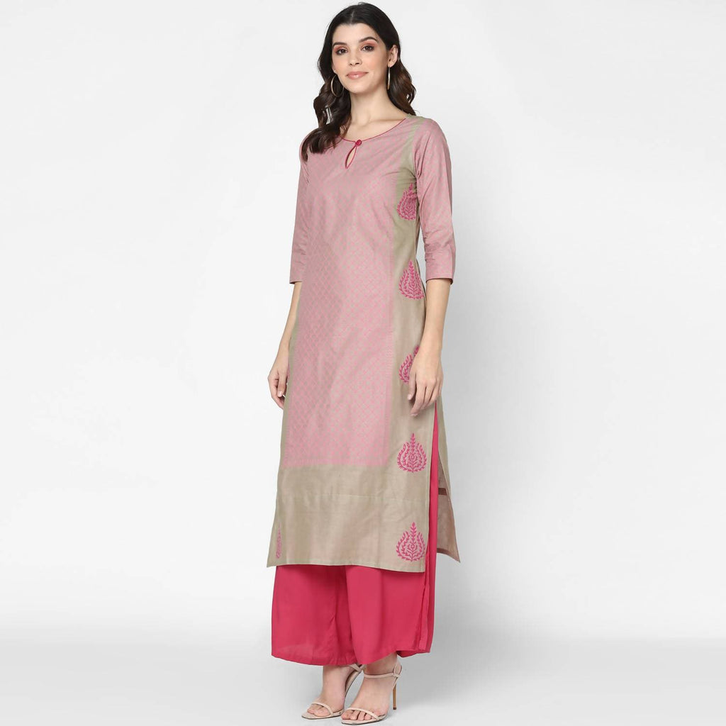 Cheera Hand Block Print Pink Colour Straight Kurta With Palazzo (MAAI-077K) | Grab2Buy